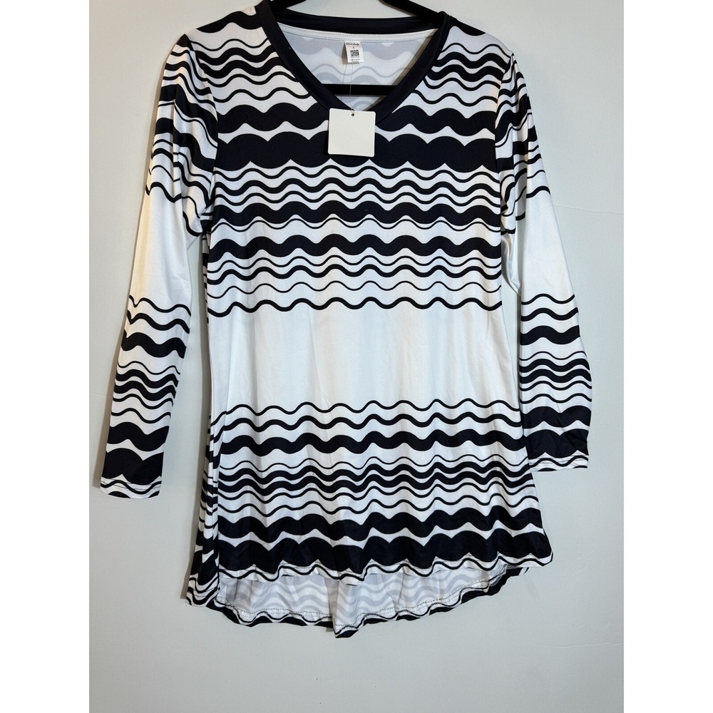 NWT Pixie Lady Casual Women's Long Sleeve V- Neck Blouse‎ Size S White & Black
